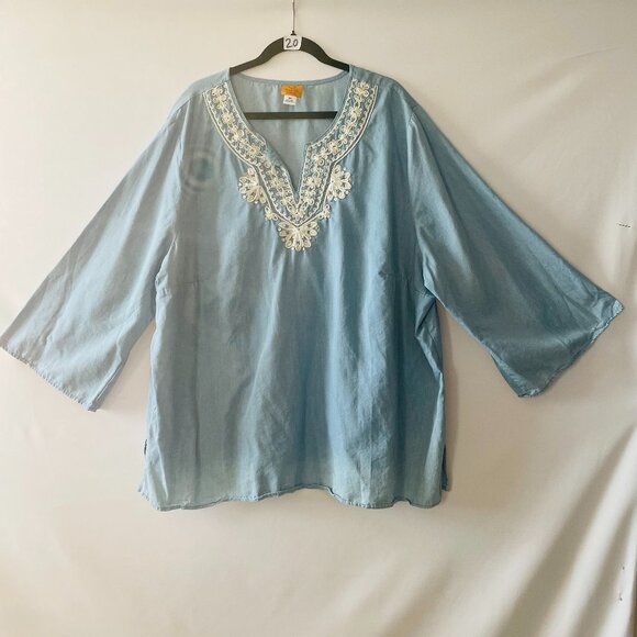 Ruby Rd. Womens Sky Blue Sequins Embroidered V-Neck Bohemian Blouse Top Size 3X - Picture 1 of 8